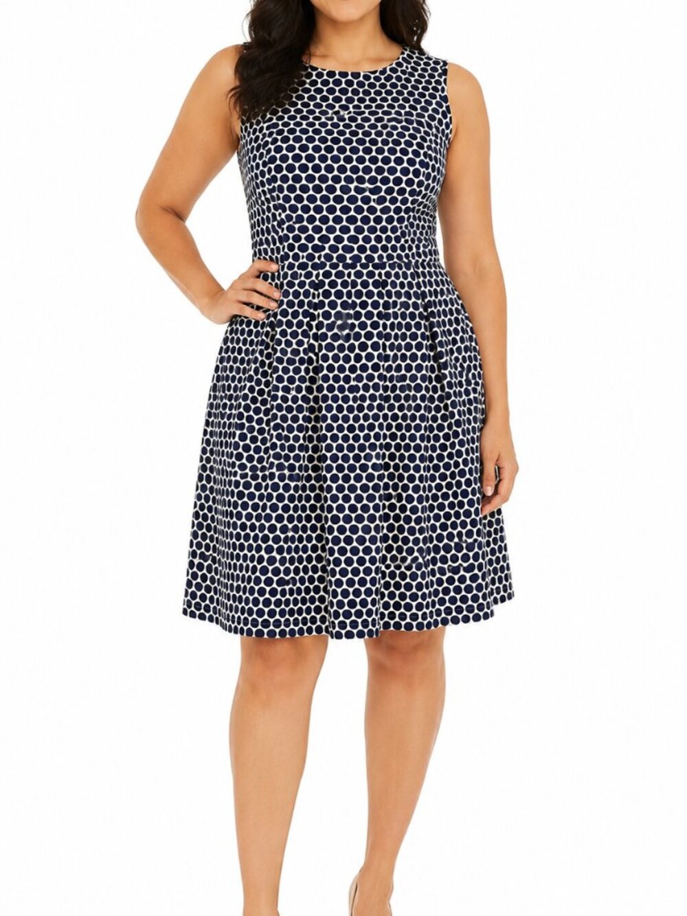 Sleeveless Navy and White Polka Dot Fit-and-Flare Dress